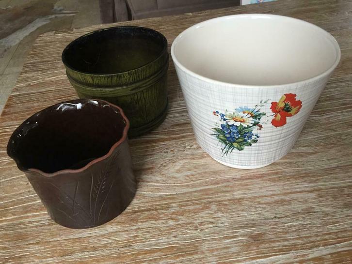 vintage bloempot / cachepot bruin en donkergroen, Antiek en Kunst, Curiosa en Brocante, Ophalen of Verzenden