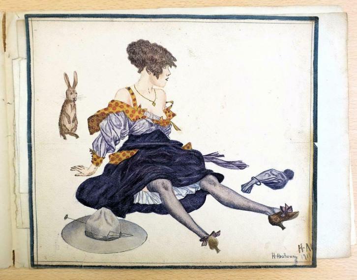 A374 H. ABAHOUNI 1917 Zittende Dame Geel rood paarse kleding, Antiek en Kunst, Kunst | Tekeningen en Fotografie, Ophalen of Verzenden