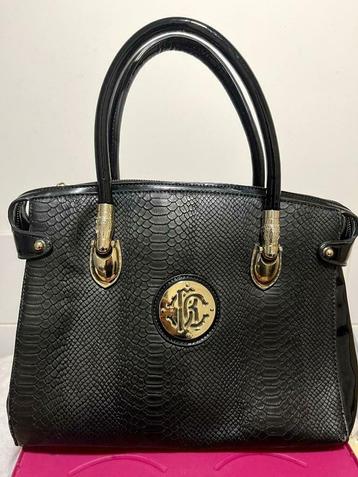 Roberto Cavalli Black Solid Leather Hand Bag & Zip Closure beschikbaar voor biedingen