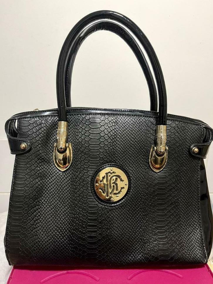 Roberto Cavalli Black Solid Leather Hand Bag & Zip Closure, Handtassen en Accessoires, Tassen | Damestassen, Zo goed als nieuw