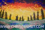 Schilderij: colorful sunset with evergreen trees, Enlèvement ou Envoi