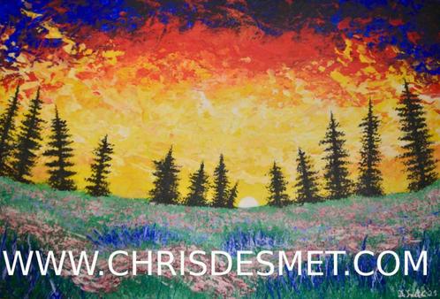 Schilderij: colorful sunset with evergreen trees, Antiquités & Art, Art | Peinture | Moderne, Enlèvement ou Envoi