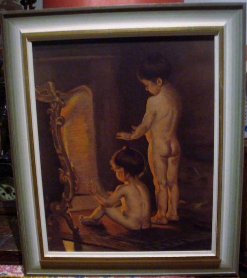 Peinture ancienne encadrée - "Enfants nus devant feu ouvert", Antiquités & Art, Art | Peinture | Moderne, Enlèvement