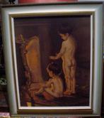 Peinture ancienne encadrée - "Enfants nus devant feu ouvert", Enlèvement