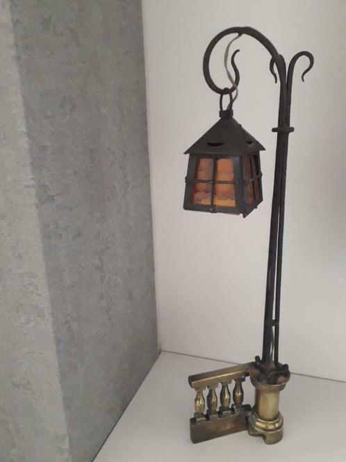 antiek staand lampje - koper metaal glas - uniek curiosum, Antiquités & Art, Curiosités & Brocante, Enlèvement ou Envoi