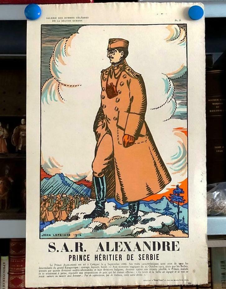Alexandre Prince de Serbie 1916 Lithografie Pochoir Servië, Antiek en Kunst, Kunst | Litho's en Zeefdrukken, Ophalen of Verzenden