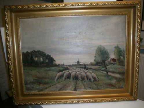 Koppel schilderijen grazende schapen met herder (S006), Antiek en Kunst, Kunst | Schilderijen | Klassiek, Ophalen