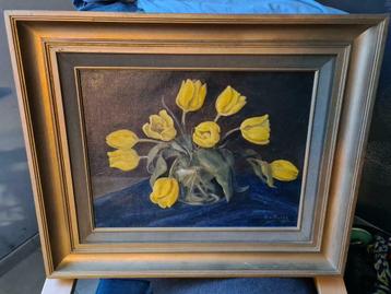nature morte - Tulipes jaunes dans un vase - Signé et daté