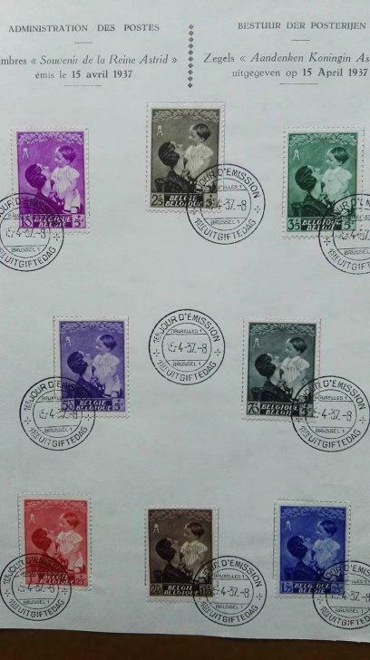 Koningin Astrid 447/54 herdenkingsblad dagstempel 15.4.1937, Postzegels en Munten, Postzegels | Europa | België, Gestempeld, Ophalen of Verzenden