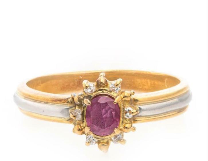 18 kt geel gouden platina ring met robijn en diamanten, Handtassen en Accessoires, Ringen, Nieuw, Dame, 20 of groter, Geel, Goud