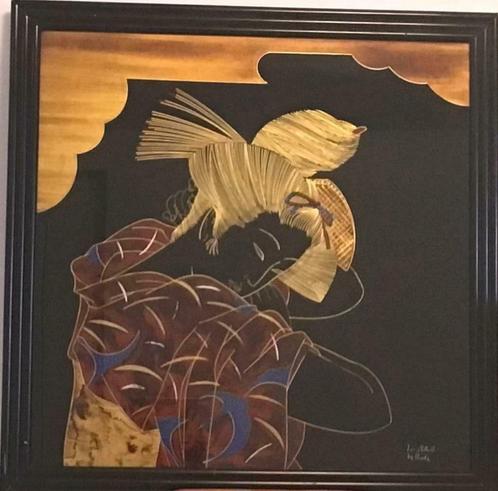 Églomisé schilderij van Geisha 90cm X 90cm. ingelijst, Antiek en Kunst, Kunst | Tekeningen en Fotografie, Ophalen