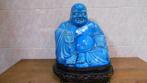 ancien Bouddha bleu azur porcelaine sur socle bois rouge, Maison & Meubles, Utilisé, Enlèvement ou Envoi