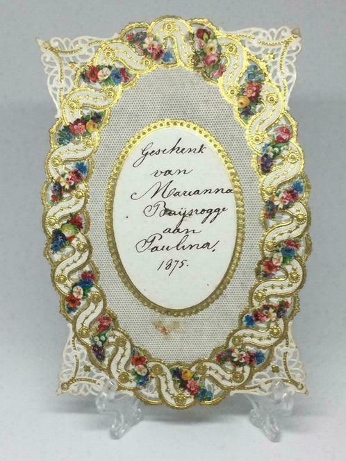 1875 kanten geschenkkaartje met goudopdruk, Verzamelen, Geboortekaartjes en Visitekaartjes, Visitekaartje, Voor 1970, Ophalen of Verzenden