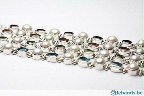 Zilveren armband bezet met parels en edelstenen, Handtassen en Accessoires, Armbanden, Nieuw, Zilver