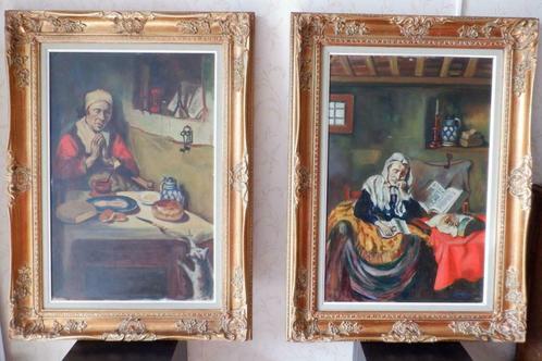 schilderij ingedommeld oud moedertje en biddende vrouw, Antiek en Kunst, Kunst | Schilderijen | Klassiek, Ophalen