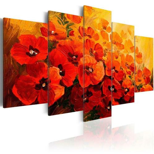 44 Rood Oranje Bloemen 5 Luik Canvas Schilderij 200x100cm, Antiek en Kunst, Kunst | Schilderijen | Klassiek, Ophalen of Verzenden