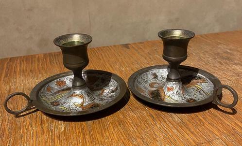 2 oude Cloisonne wandelkandelaars geëmailleerd, Antiek en Kunst, Antiek | Brons en Koper, Koper, Ophalen of Verzenden