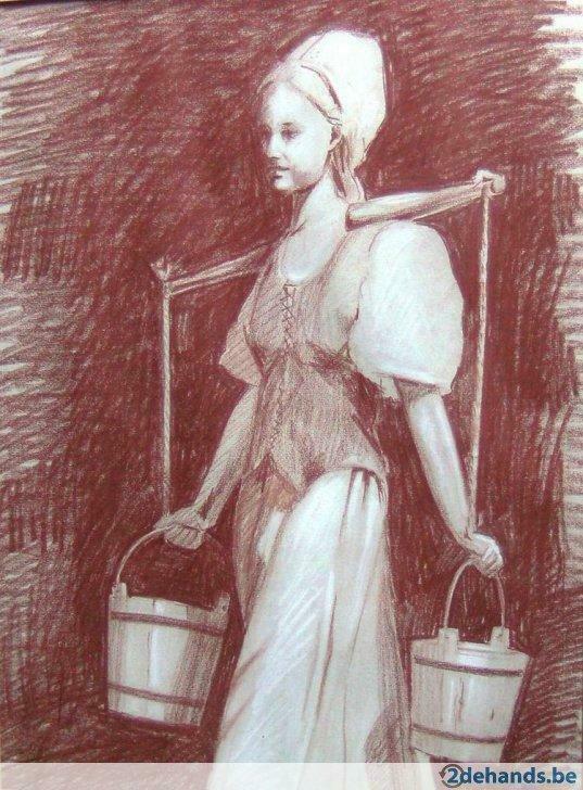 Melkmeisje, rood krijttekening van Guido Torfs, Antiek en Kunst, Kunst | Tekeningen en Fotografie