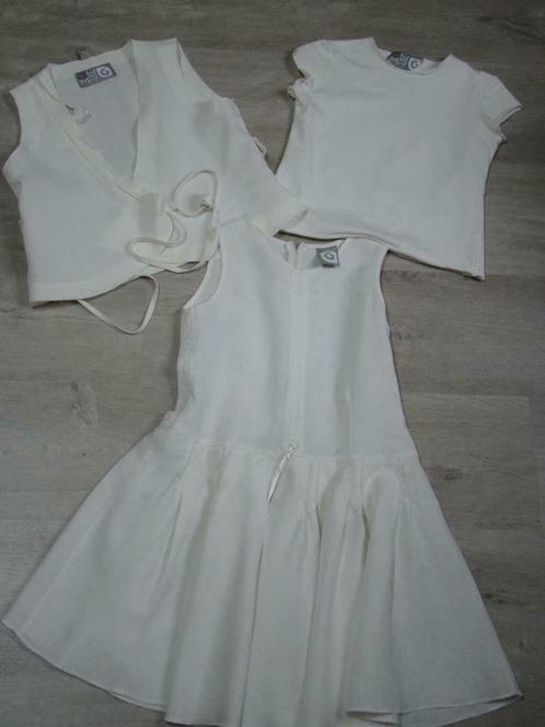 SET jurk + bloes + vestje écru linnen Gymp , maat 128 7 jaar, Kinderen en Baby's, Kinderkleding | Maat 128, Zo goed als nieuw