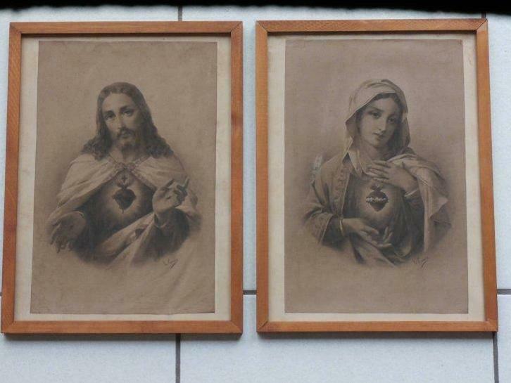 Antieke religieuze prenten 2(ingekaderd), Verzamelen, Religie, Gebruikt, Christendom | Katholiek, Kaart of Prent, Ophalen of Verzenden
