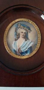 Miniatuur prachtig schilderijtje,kader mahoniehout,, Ophalen of Verzenden