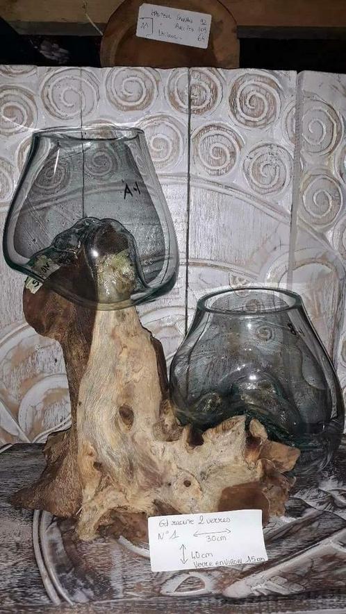 racine de teck avec deux verres coulés à chaud, Antiquités & Art, Art | Sculptures & Bois