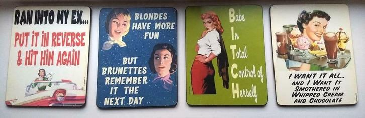 Onderzetters vintage / retro Girlpower, Huis en Inrichting, Keuken | Servies, Gebruikt, Overige typen, Overige materialen, Ophalen of Verzenden