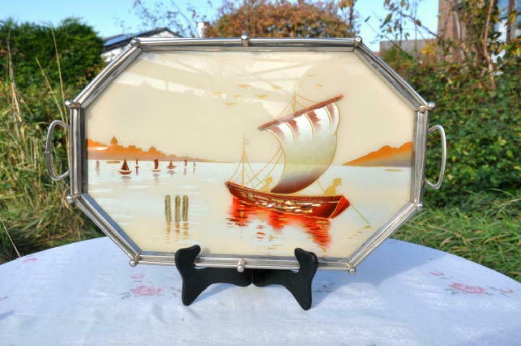 §  plateau art deco tour metal et verre sur bois, Enlèvement ou Envoi