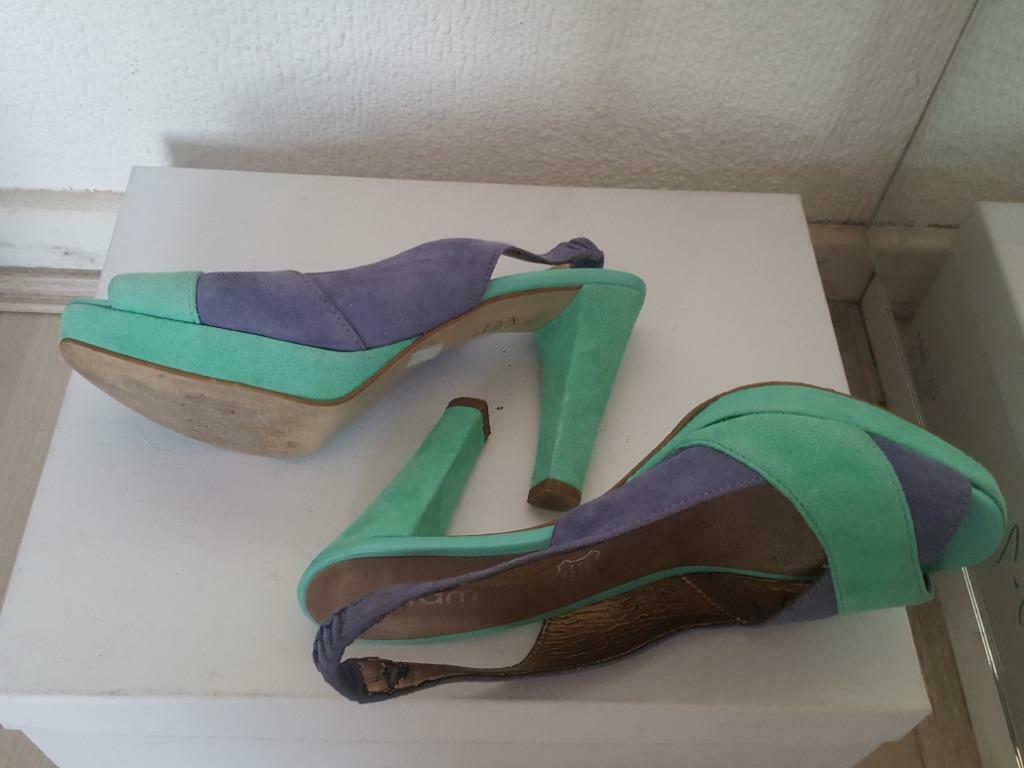 super sandale haut talon daim turquoise bleu semelle cuir 37, Enlèvement ou Envoi, Chaussures à haut talons, Comme neuf, Bleu