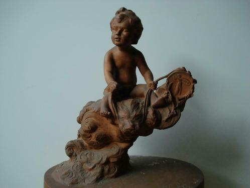 Jos. GELEYN °1863-1934 Bruges XL terre cuite putto & dauphin, Antiquités & Art, Art | Sculptures & Bois, Enlèvement