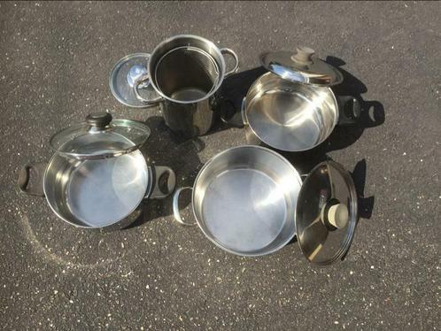Set van 4 potten inclusief aspergekoker, Huis en Inrichting, Keuken | Potten en Pannen, Zo goed als nieuw, Inox, Keramische plaat