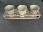 Glazen potjes in houten houder voor theelichtjes, Utilisé, Enlèvement ou Envoi