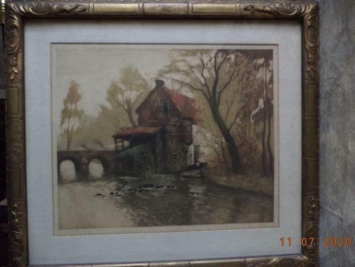 Ets in kleur: Julien CELOS: 'Le Vieux Moulin'. Zéér goed !, Antiek en Kunst, Kunst | Etsen en Gravures, Ophalen