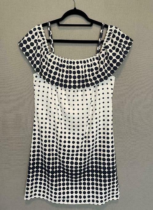 Witte jurk met donkerblauwe bollen van Senso (M), Vêtements | Femmes, Robes, Comme neuf, Taille 38/40 (M), Blanc, Au-dessus du genou