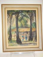 SCHILDERIJ T. MANTAHA (1954) "PALMBOMEN MET INHEEMSE WONING", Antiek en Kunst, Ophalen of Verzenden