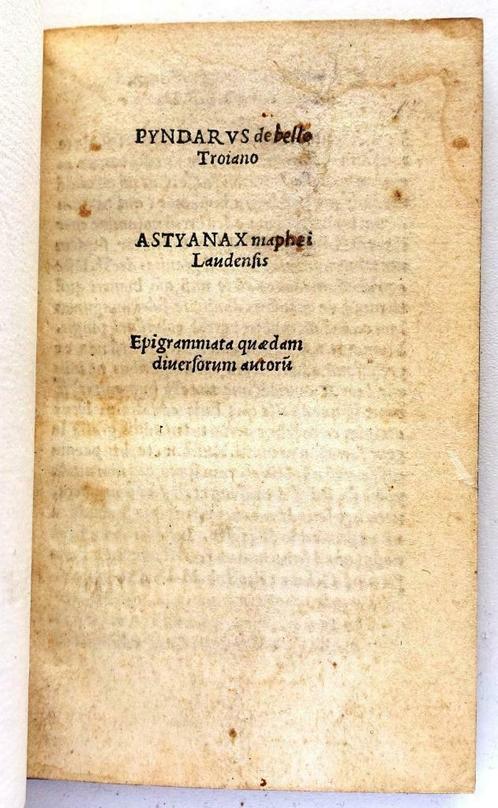 De Bello Troiano 1515 Pyndarus - Trojaanse Oorlog - Soncino, Antiek en Kunst, Antiek | Boeken en Manuscripten, Ophalen of Verzenden
