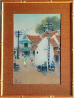 Schilderen op zijde - Hanoi straatbeeld F126, Antiek en Kunst, Kunst | Schilderijen | Modern, Ophalen of Verzenden