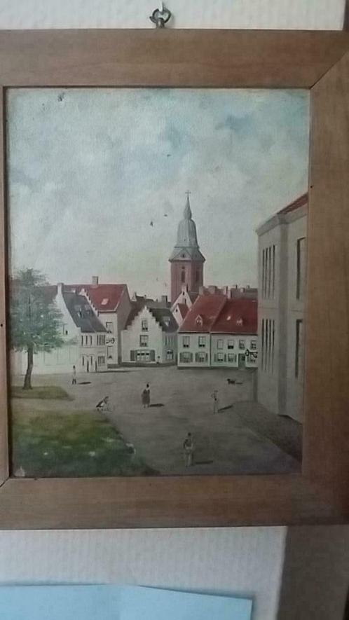 schilderij dorpsplein, Antiek en Kunst, Kunst | Schilderijen | Klassiek, Ophalen of Verzenden