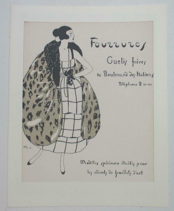 originele pochoir litho met reclame Fourrures Guelis freres, Antiquités & Art, Art | Lithographies & Sérigraphies, Envoi