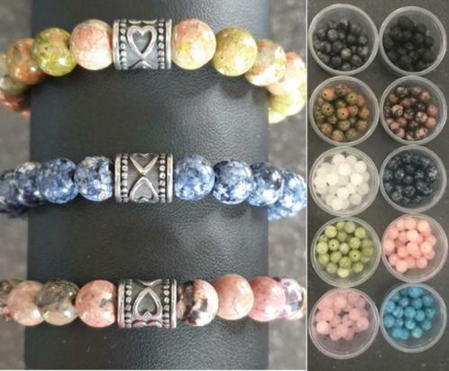 Knappe armbanden uit natuursteen (8mm) met RVS hartjesbedel, Handtassen en Accessoires, Armbanden, Nieuw, Staal, Overige kleuren