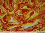 Abstracte acrylschilderijen rood, tinten geel en wit