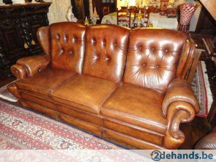 Bruin lederen 3-zit salonzetel, Huis en Inrichting, Stoelen, Gebruikt, Hout, Leer, Bruin, Ophalen