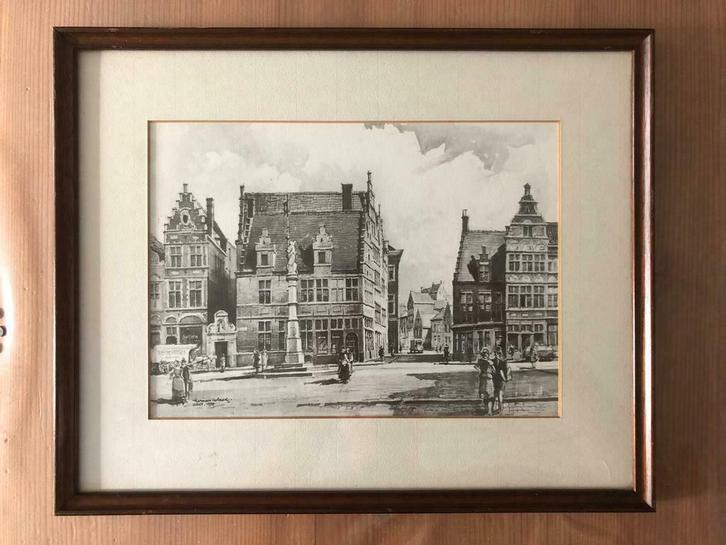 Kaders aquarel / Litho portretten stad Gent, Antiek en Kunst, Kunst | Tekeningen en Fotografie, Ophalen of Verzenden