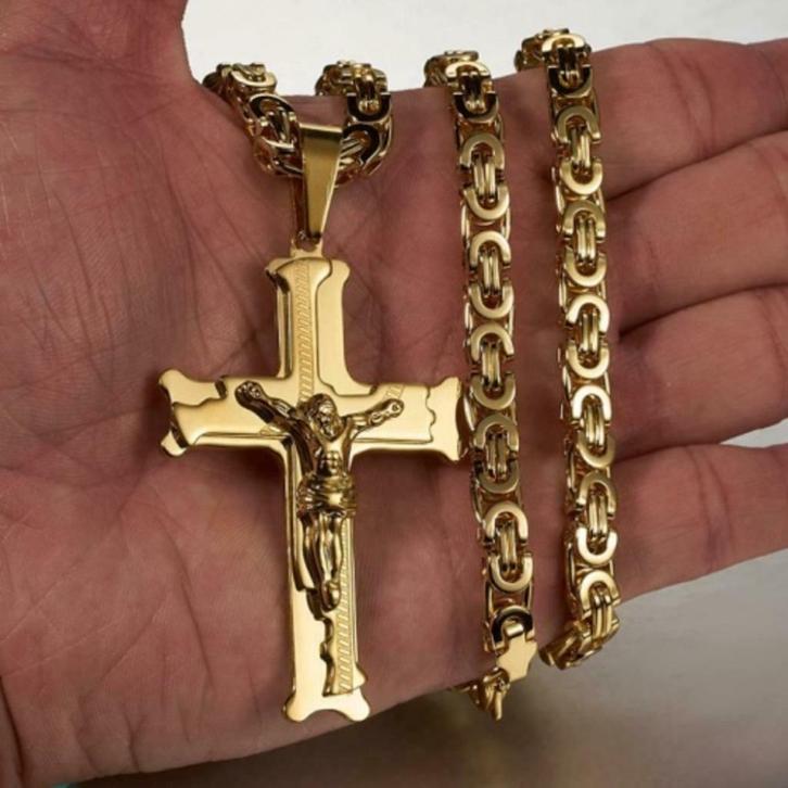 Koningsketting - Ernesto - goud kleur met kruis, Handtassen en Accessoires, Kettingen, Nieuw, Overige materialen, Goud, Met hanger