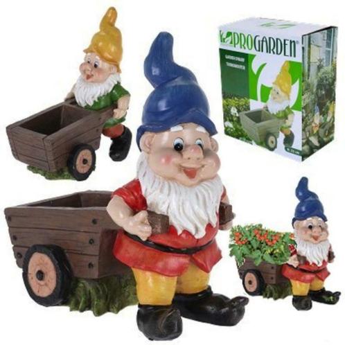 Tuinkabouter met kruiwagen polystone tuinbeeld 22 cm, Tuin en Terras, Tuinbeelden, Nieuw, Tuinkabouter, Steen, Ophalen of Verzenden