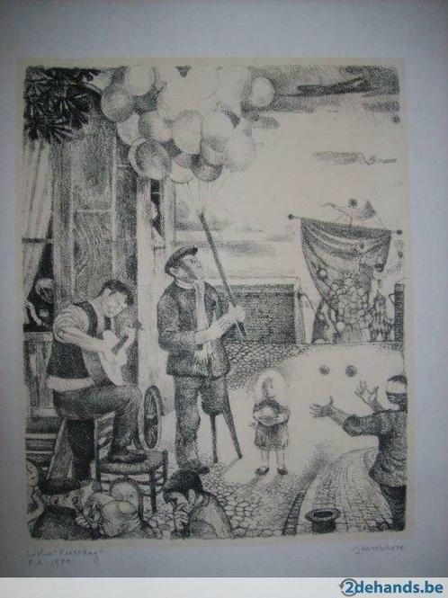 Litho "Feestdag" - J. Kerckhove, Antiek en Kunst, Kunst | Litho's en Zeefdrukken, Ophalen of Verzenden