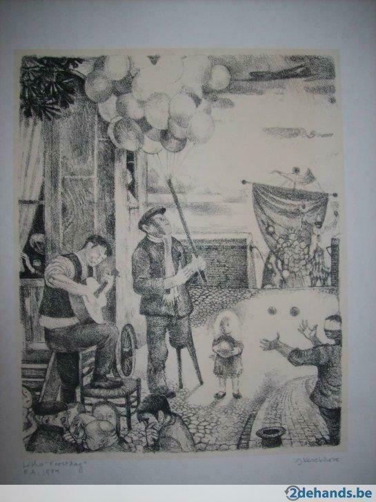 Litho "Feestdag" - J. Kerckhove, Antiek en Kunst, Kunst | Litho's en Zeefdrukken, Ophalen of Verzenden