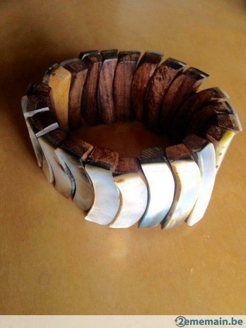 Bracelet manchette bi-matière nacre et bois, Handtassen en Accessoires, Armbanden, Gebruikt, Overige materialen