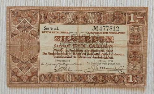 Netherlands 1938 - ‘Zilverbon - 1 Gulden’ - Serie EL, Postzegels en Munten, Bankbiljetten | Nederland, Los biljet, 1 gulden, Verzenden