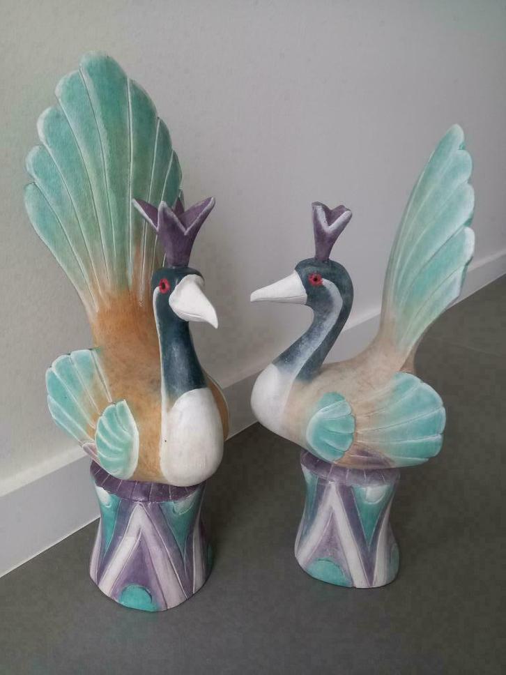 Koppel houten pauwen/Indonesië, Antiek en Kunst, Kunst | Beelden en Houtsnijwerken, Ophalen of Verzenden